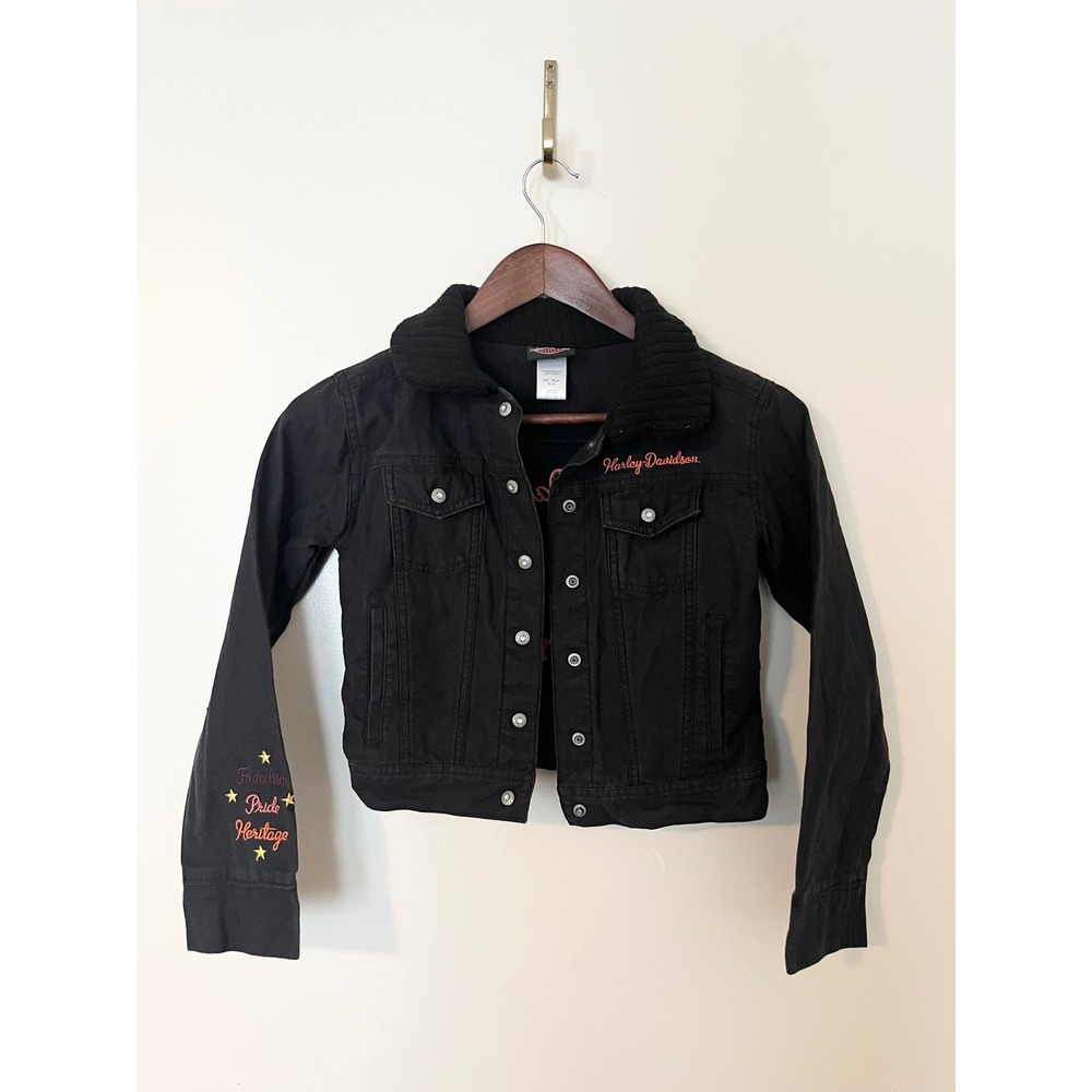 Harley Davidson 2000s Black Denim Jacket Ribbed Collar Embroidered Girls 10/12
